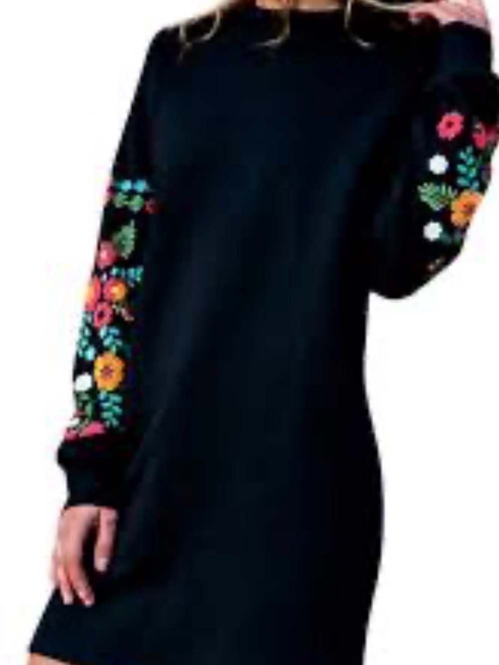 Black Mini Dress with Embroidered Floral Sleeves in vibrant colors. Size M